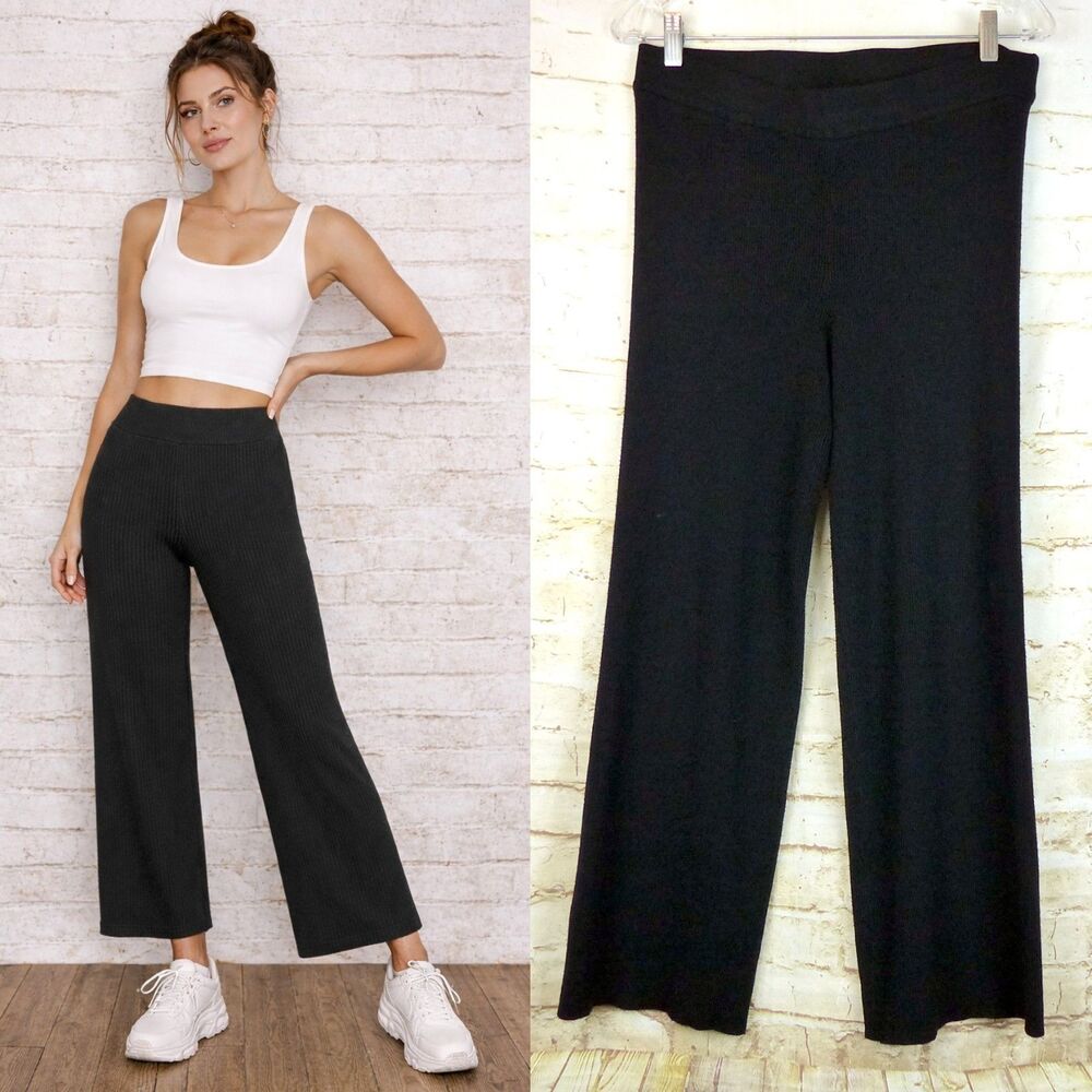 House of Harlow 1960 Rib Knit Pants Womens L Black Wide Leg Pull On (29x25.5)